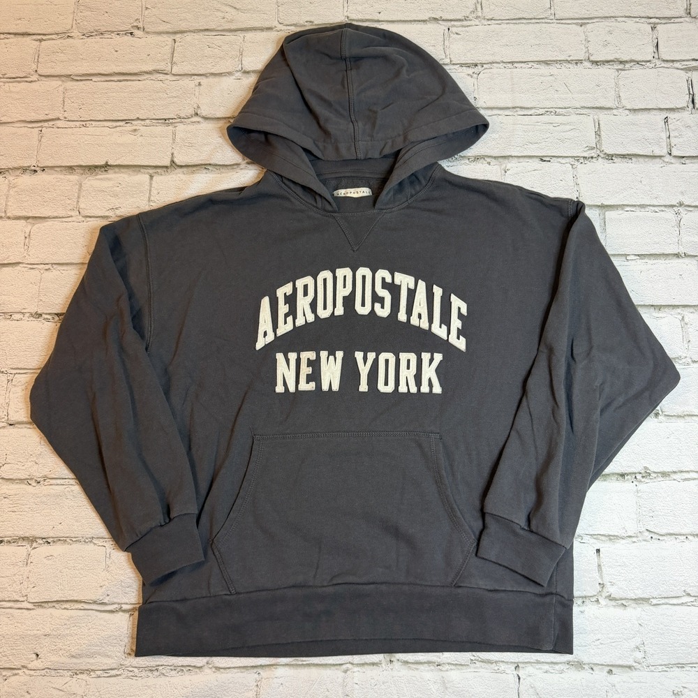 Aeropostale Women's Hoodie Grey Size M New York Logo Pullover Fleece Sweatshirt